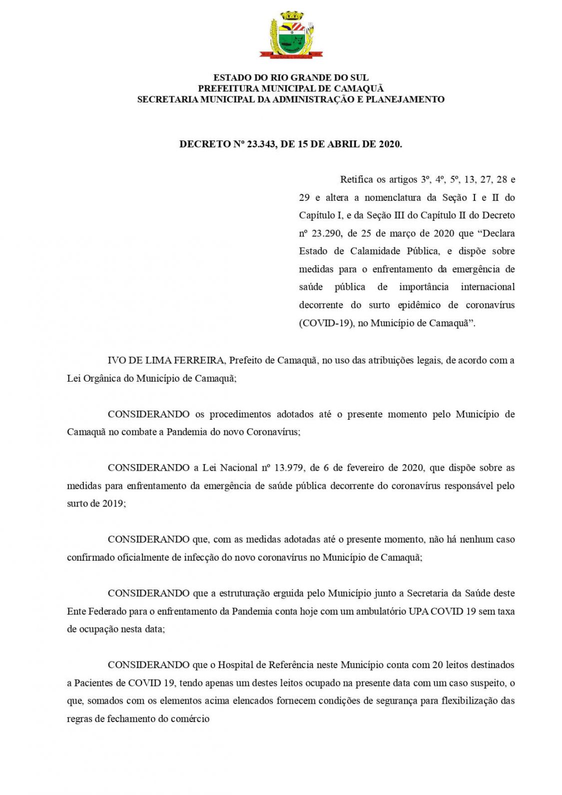 DECRETO Nº 23.343 - Abertura do Comércio de Camaquã