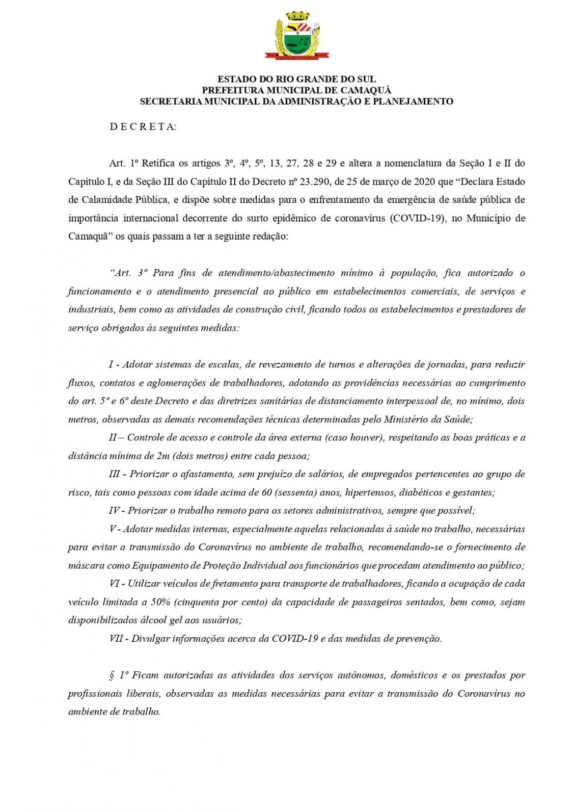 DECRETO Nº 23.343 - Abertura do Comércio de Camaquã