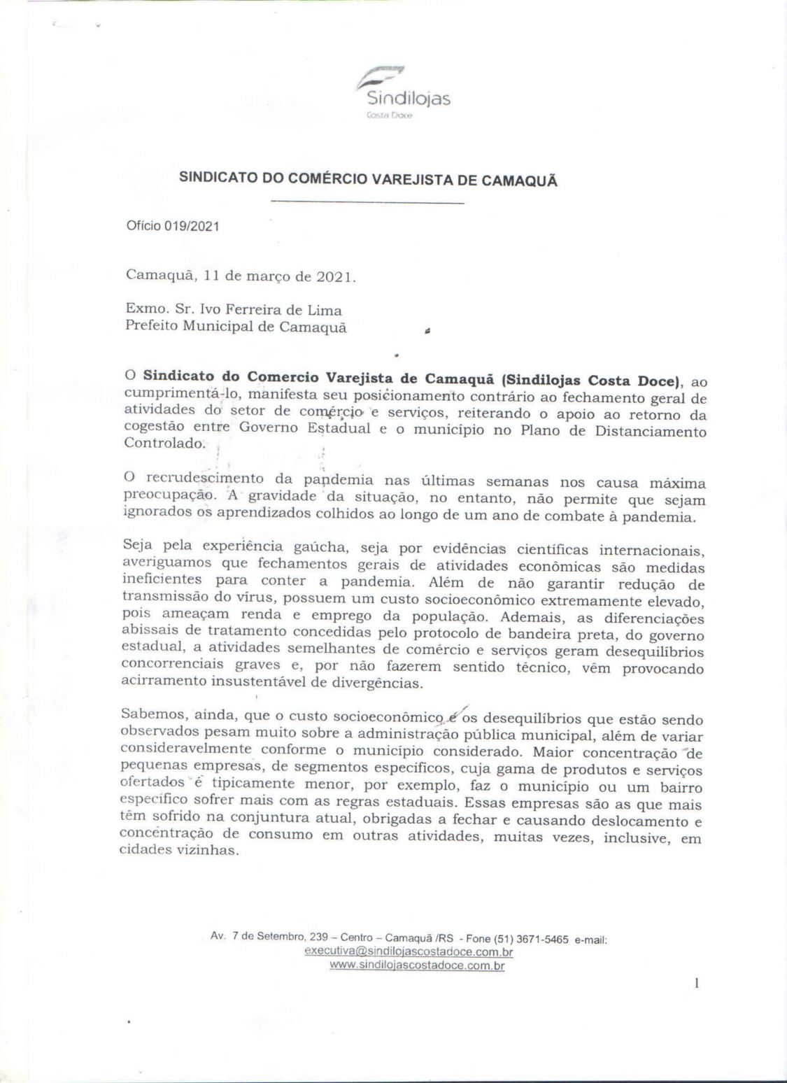SOLICITAÇÃO: Sindilojas Costa Doce envia oficio para o Prefeito Ivo Ferreira