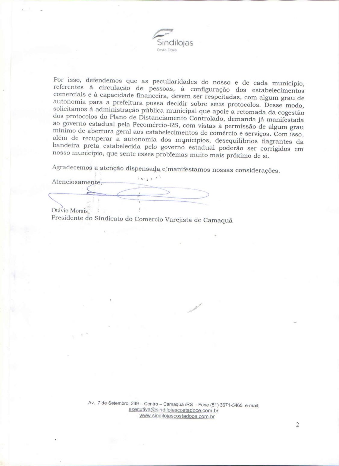 SOLICITAÇÃO: Sindilojas Costa Doce envia oficio para o Prefeito Ivo Ferreira