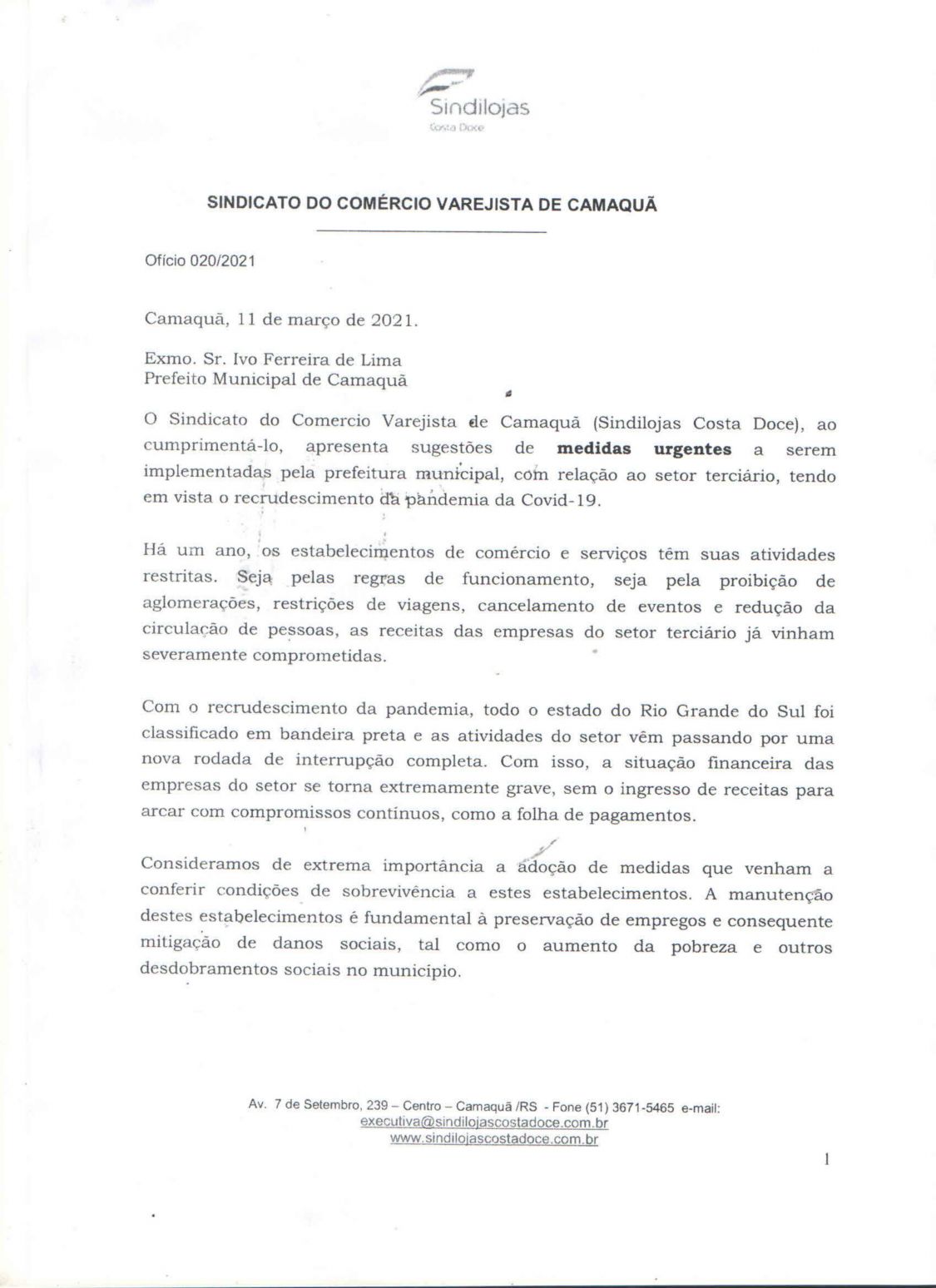 SOLICITAÇÃO: Sindilojas Costa Doce envia oficio para o Prefeito Ivo Ferreira