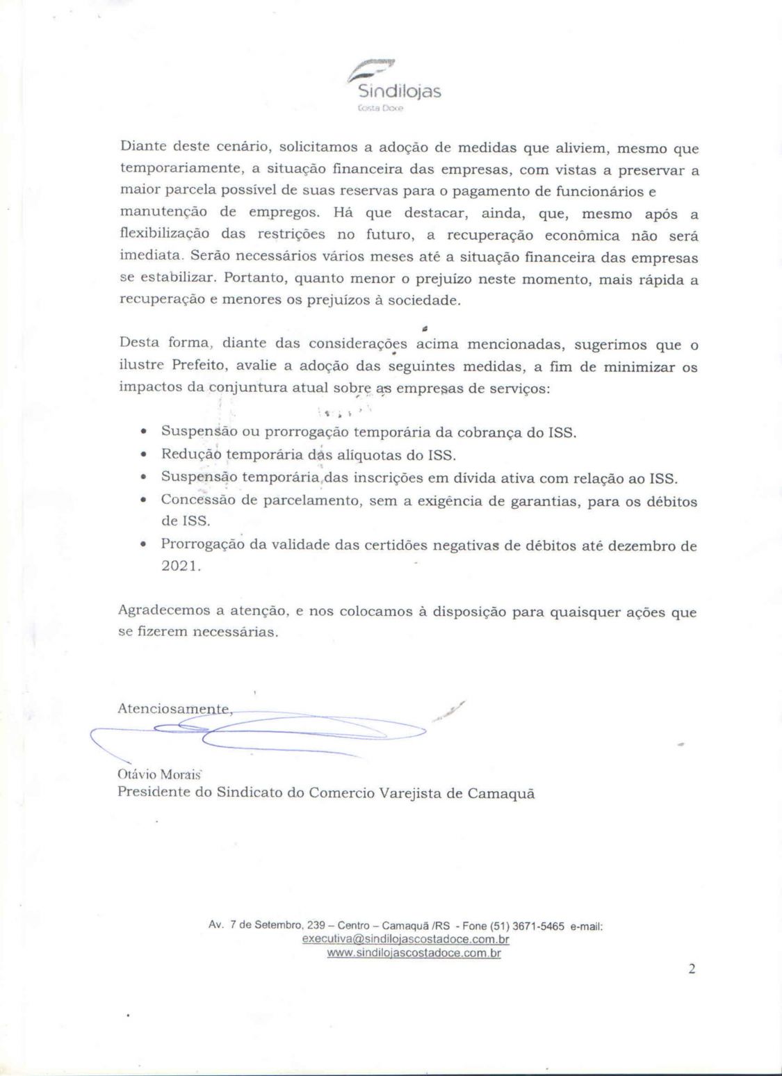 SOLICITAÇÃO: Sindilojas Costa Doce envia oficio para o Prefeito Ivo Ferreira