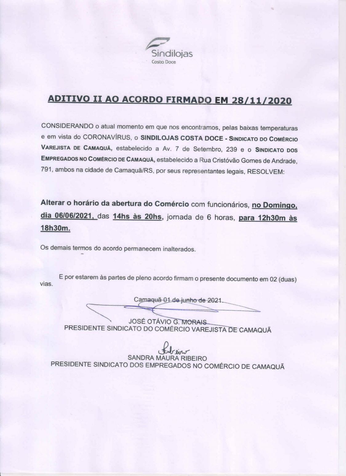 INFORMAÇÃO: Acordo de Abertura do domingo 06/6